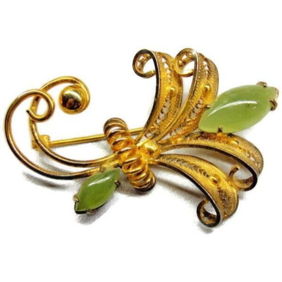 Sorrento Jade Flower Gold Plated 925 Sterling Silver Brooch - Picture 10 of 11